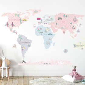 Samolepka na zeď Mapa světa - růžová 