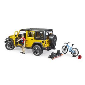Bruder Jeep Wrangler Rubicon s cyklistou a kolem, Bruder