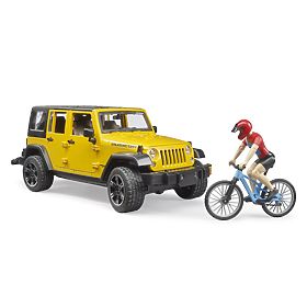 Bruder Jeep Wrangler Rubicon s cyklistou a kolem, Bruder