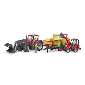 Bruder Traktor Case IH Optum 300 CVX s čelním nakladačem a přepravníkem na balíky, Bruder