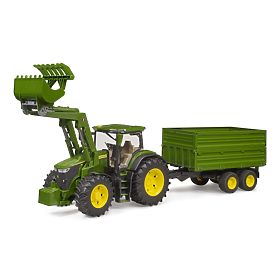 Bruder Traktor John Deere 7R 350 s čelním nakladačem a tandemovým přepravním přívěsem, Bruder
