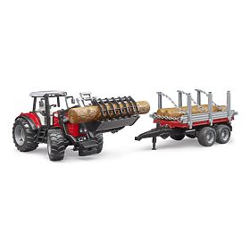Bruder Traktor Massey Ferguson 7480 s čelním nakladačem a přepravníkem klád, Bruder