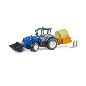 Bruder Traktor New Holland T5.120 s čelním nakladačem, korbou, vidlemi a kulatým balíkem, Bruder