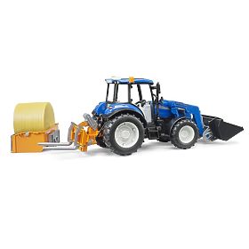 Bruder Traktor New Holland T5.120 s čelním nakladačem, korbou, vidlemi a kulatým balíkem