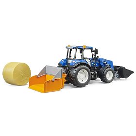 Bruder Traktor New Holland T5.120 s čelním nakladačem, korbou, vidlemi a kulatým balíkem, Bruder