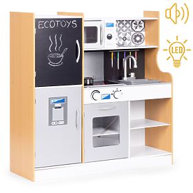 Dětská kuchyňka se zvukem a LED tabule křídová kovové doplňky MDF +3 roky ECOTOYS