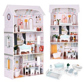 Domeček pro panenky Alice 3 patra 4 pokoje sada 9 nábytků ECOTOYS, EcoToys