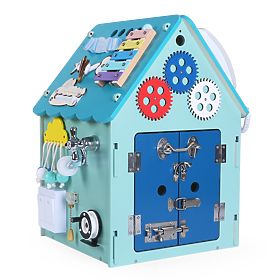 Dřevěný activity board domeček - modrý, 2Kids Toys