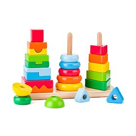 Geometrická skládačka 3 věže k sestavení, Woodyland Woody