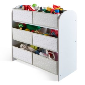 Organizér na hračky s šedými a bílými boxy